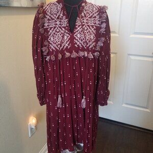 Zara burgundy Embroidered Mini tunic Dress Boho sz M